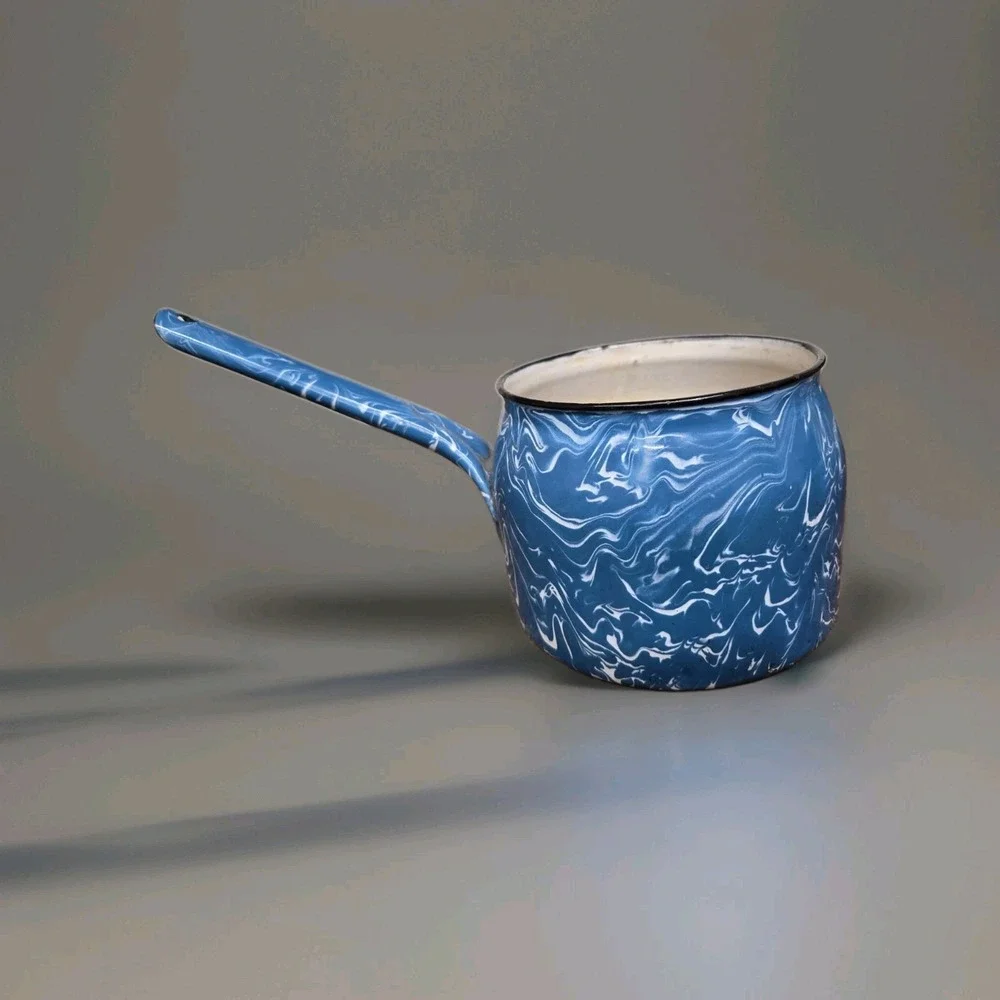 Vintage Blue White Swirl Graniteware Enamel Saucepan Nesting Pot Set of 2 +Spoon